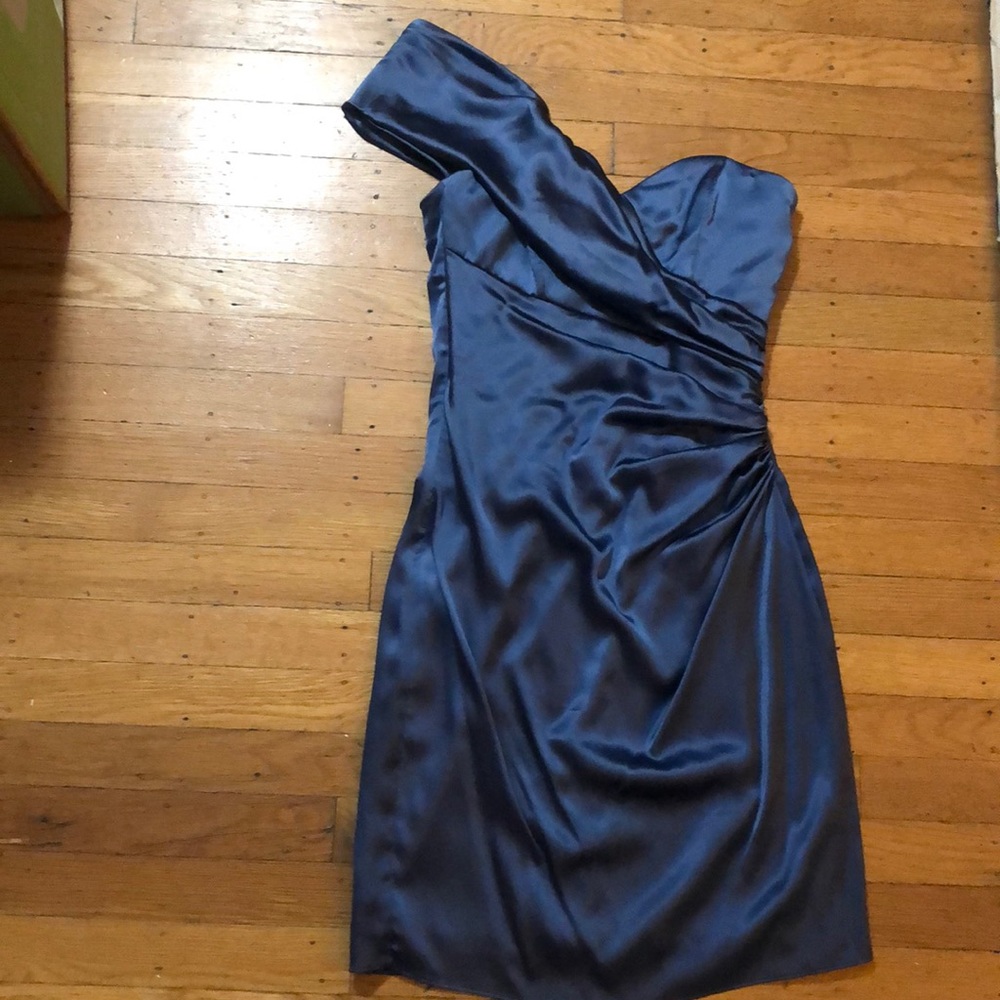 One-Shoulder Midnight Blue Satin Strapless Dress